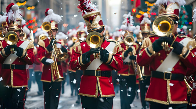 A Marching Band in Festive Red Uniforms