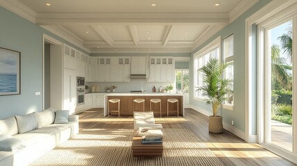 Fototapeta premium A spacious and modern living room with a large kitchen island, hardwood floors, and large windows overlooking a patio.