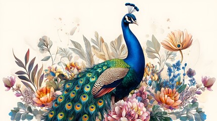 Fototapeta premium Elegant peacock amidst vibrant floral beauty