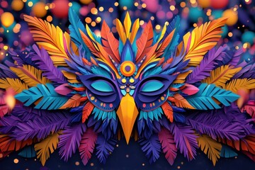 Obraz premium A vibrant, colorful mask adorned with feathers, evoking a festive and artistic atmosphere.