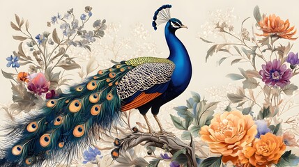 Obraz premium Vibrant peacock amidst floral splendor