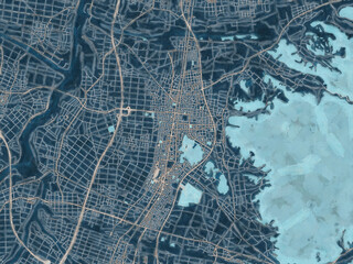 Painterly Style City Map of Tendo, Japan in a Blue Color Scheme.