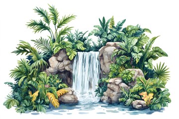 Fototapeta premium Realistic waterfall background with water rocks sky and trees vector illustration 