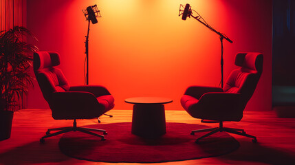 Two red chairs facing each other in a red-lit room with microphones and a small table in between.