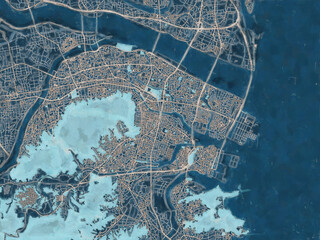 Painterly Style City Map of Tokushima, Japan in a Blue Color Scheme.