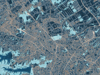 Painterly Style City Map of Tokorozawa, Japan in a Blue Color Scheme.