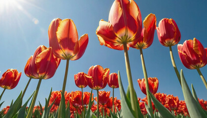 Obraz premium Bright red tulips bloom on a sunny day against a blue sky. Spring flowers.