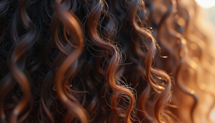 Close-up of brown curly hair with highlights in salon background