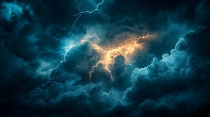Intense flash of lightning breaking through pitch-black clouds, creating dramatic illumination, focused energy, banner format for thunderstorm concept