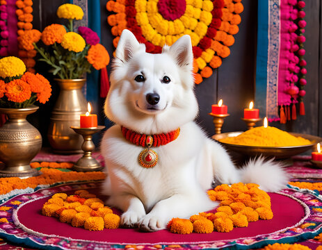 Happy Dog Adorned with Marigold Garland and Tika for Kukur Tihar Festival