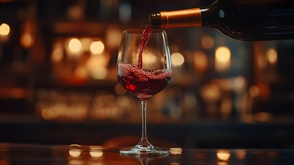 Close-up of red wine being elegantly poured from a bottle into a glass, with a soft, blurred background of warm restaurant lighting, creating a cozy atmosphere