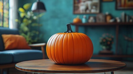 A vibrant pumpkin on a wooden table in a cozy living room.