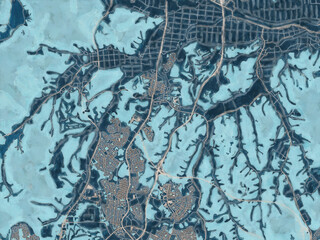 Painterly Style City Map of Tomiya, Japan in a Blue Color Scheme.