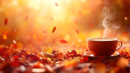 A steaming cup of aromatic coffee on a warm autumn-colored background, surrounded by falling leaves, space for text in a cozy, seasonal design