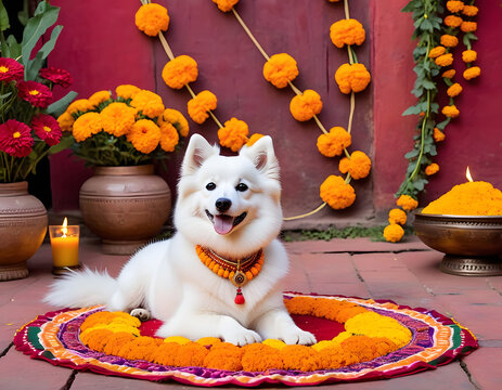 Happy Dog Adorned with Marigold Garland and Tika for Kukur Tihar Festival
