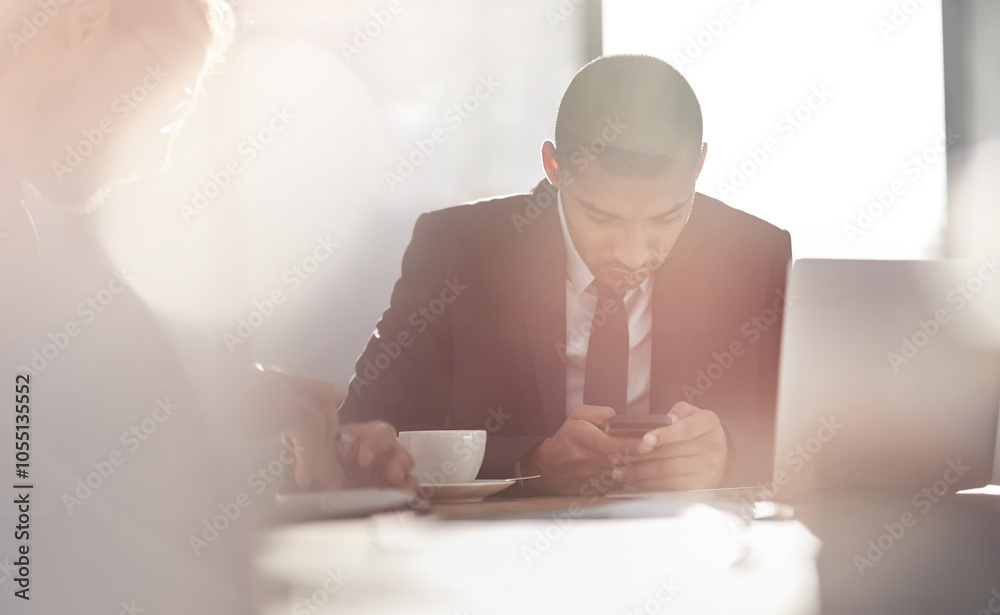 Poster business, man and typing with phone in office for meeting schedule, communication and review feedbac