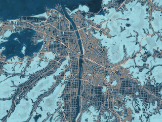 Fototapeta premium Painterly Style City Map of Tottori, Japan in a Blue Color Scheme.