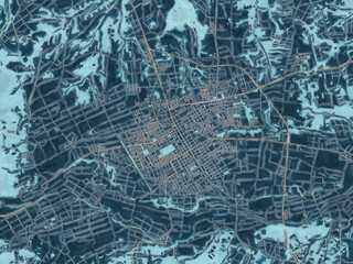 Painterly Style City Map of Towada, Japan in a Blue Color Scheme.