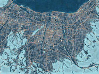 Painterly Style City Map of Toyama, Japan in a Blue Color Scheme.