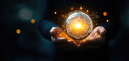 Hands holding a globe surrounded by renewable energy symbols, balancing carbon emissions