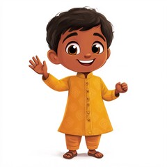 An Indian cartoon boy with a bindi, wearing a kurta and waving