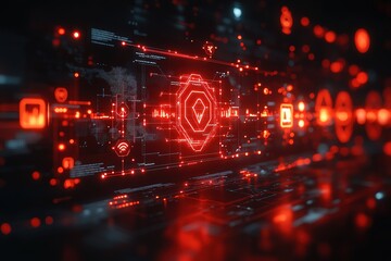 Obraz premium Red glowing digital interface with a map and data visualizations.