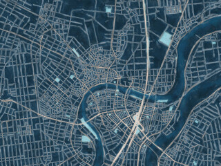 Painterly Style City Map of Tsubame, Japan in a Blue Color Scheme.