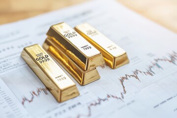 Precise Investment Elegance: Minimalist Gold Bars on Financial Document with Soft Shadows
