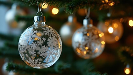 Festive Christmas tree adorned with shimmering glass ornaments, intricate designs reflecting warm holiday lights, surrounded by pine needles and bokeh.