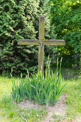 Detail of wooden Christian cross in a cemetery