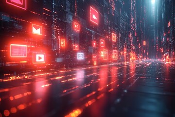 Red glowing social media icons on a dark background with glowing lines.