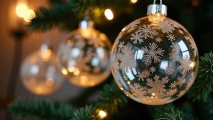 Festive Christmas tree adorned with shimmering glass ornaments, intricate designs reflecting warm holiday lights, surrounded by pine needles and bokeh.