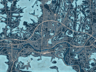 Painterly Style City Map of Tsuyama, Japan in a Blue Color Scheme.