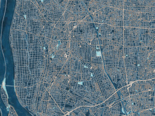 Painterly Style City Map of Tsushima, Japan in a Blue Color Scheme.