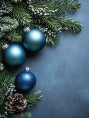Christmas and Happy New Year greeting banner with blue christmas balls and copy space