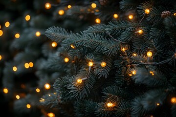 Fototapeta premium Festive string lights on evergreen branches