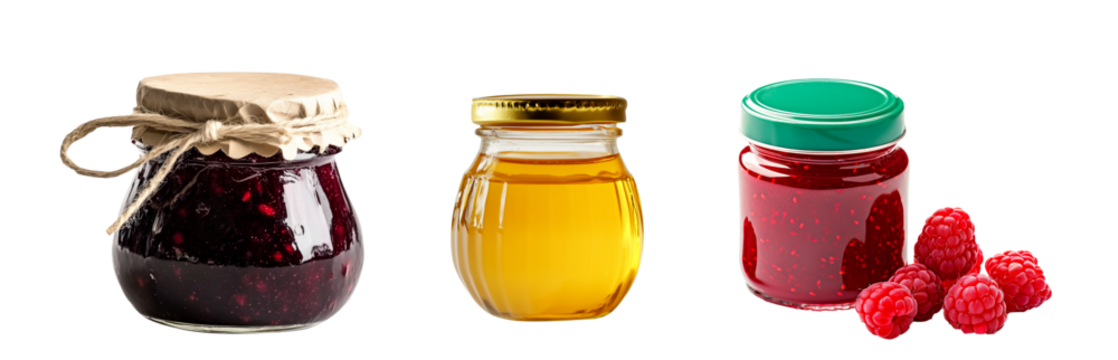 Jar of homemade berry marmalade, blackberry, raspberry jam and honey isolated on white transparent background, ideal for food lovers and health conscious themes
