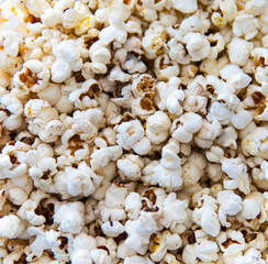 Detail of popcorn inside of a glass bowl