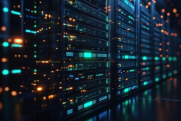 Naklejka premium Rows of glowing servers in a data center.