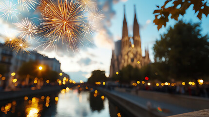 Fototapeta premium Dramatic fireworks illuminate cathedral spires in european night sky reflection over river
