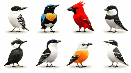 Fototapeta premium Collection of eight colorful bird illustrations with a white background.