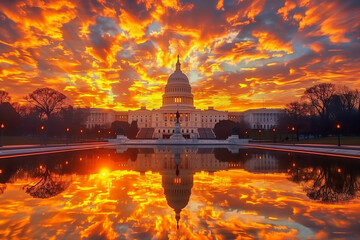Obraz premium A breathtaking view of the United States Capitol building at sunrise with dramatic fiery clouds reflecting in the pool, creating a vibrant and majestic scene