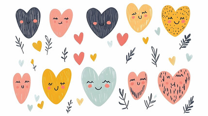 Colorful cartoon hearts with smiling faces and leaves.
