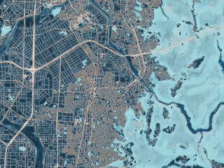 Painterly Style City Map of Uji, Japan in a Blue Color Scheme.