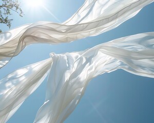 Blowing white curtains, sky blue background, sunlight streaming, wide angle shot, tree branches visible.