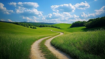 A winding dirt road leads through a lush green meadow with rolling hills in the distance. The sky is blue with fluffy white clouds.