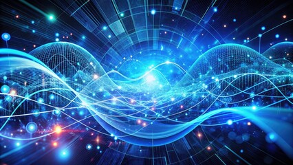 Obraz premium Abstract Blue Tech Background: Digital Waves, Network Systems, Neural Connections, Quantum Computing, and Global Intelligence for Futuristic Aesthetics and Innovation