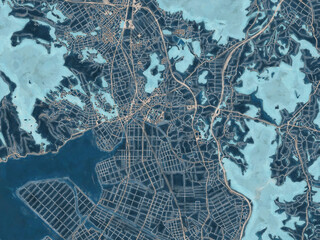 Painterly Style City Map of Uki, Japan in a Blue Color Scheme.