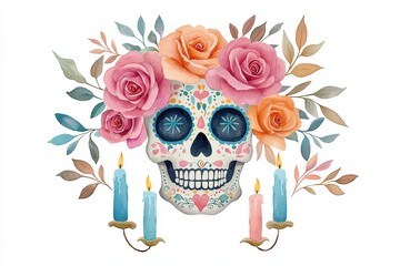 Colorful sugar skull adorned with roses and candles