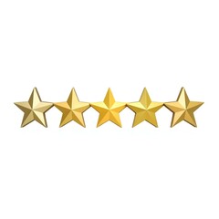 Five star rating review icon, golden 5 stars in a row, isolated on white